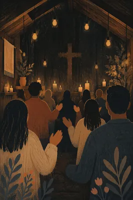 Silhouetted Worship Gathering in Candlelit Chapel