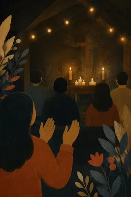 Silhouetted Worshippers in Dim Chapel Light
