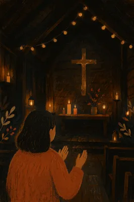 Silhouetted Figure in Candlelit Chapel