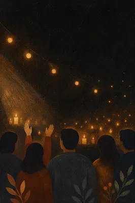 Warm Bokeh Lights in Dark Chapel