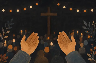 Raised Hands with Warm Chapel Bokeh