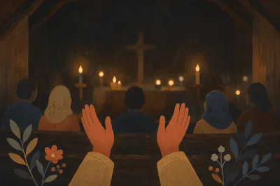 Silhouetted Worshippers with Golden Bokeh Lights