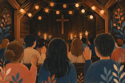 Warm Bokeh Lights in Chapel Gathering