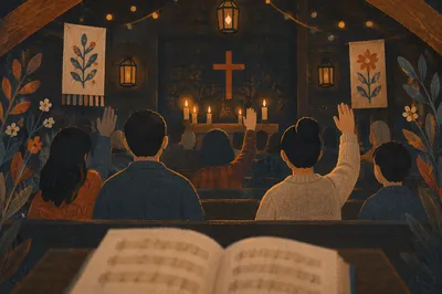 Warm Chapel Bokeh During Evening Worship