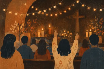 Silhouettes Praying in Candlelit Chapel