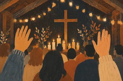 Quiet Chapel Gathering with Candlelit Bokeh