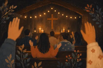 Silhouetted Worship Gathering in Candlelit Chapel
