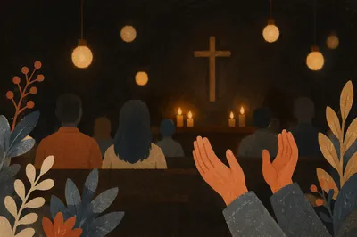 Raised Hands in Dim Church Sanctuary