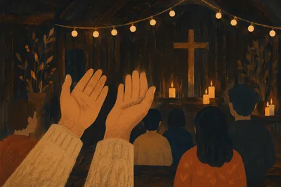 Raised Hands in Dim Chapel Light