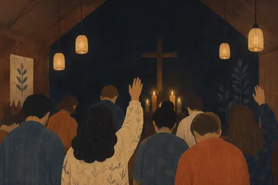 Soft Bokeh Lights in Wooden Chapel