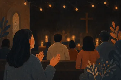 Warm Golden Bokeh in Dark Chapel