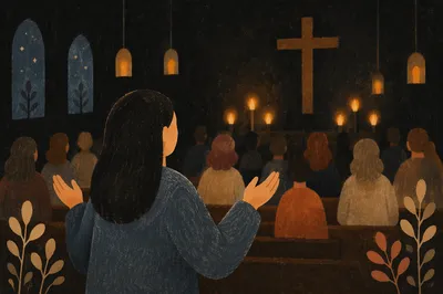 Silhouetted Figure in Dim Chapel Light
