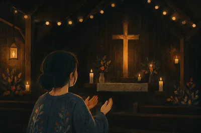 Silhouetted Figure in Chapel with Glowing Cross