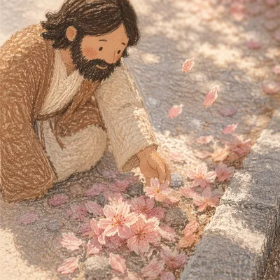 Soft Pink Cherry Blossom Petals on Garden Soil