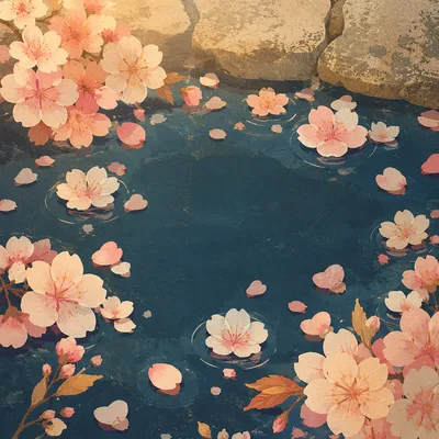 Cherry Blossom Petals on Serene Pond