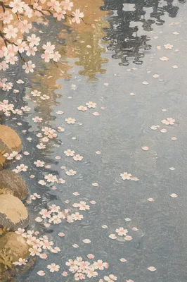 Soft Cherry Blossom Petals on Quiet Pond