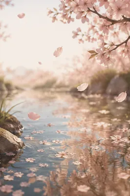 Soft Cherry Blossom Petals Over Pond