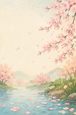 Soft Pink Cherry Blossoms Over Garden Pond