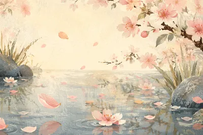 Soft Pink Cherry Blossom Pond Background