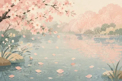 Soft Pink Cherry Blossom Pond Background