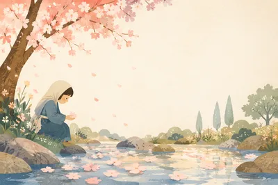 Spring Cherry Blossom Petals Over Stream