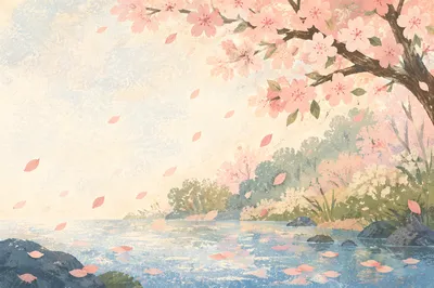 Soft Pink Cherry Blossom Pond Background