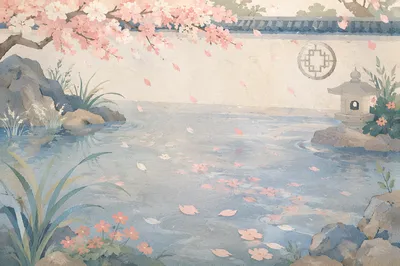Soft Pink Cherry Petals on Garden Pond