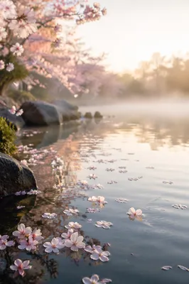 Soft Cherry Blossom Petals on Spring Pond