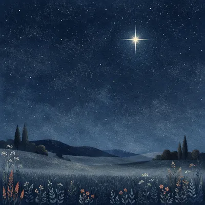 Bright Star Over Peaceful Night Meadow