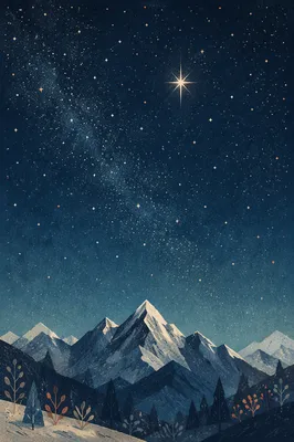 Bright Star Over Snowy Mountain Night
