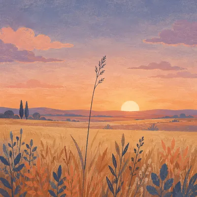 Sunset Gradient Field With Wild Grass Silhouette