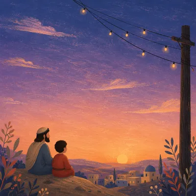 Twilight String Lights Over Sunset Gradient