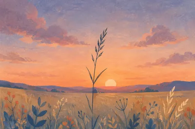 Peaceful Sunset Field with Purple Clouds