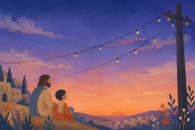 Sunset Sky Gradient with String Lights