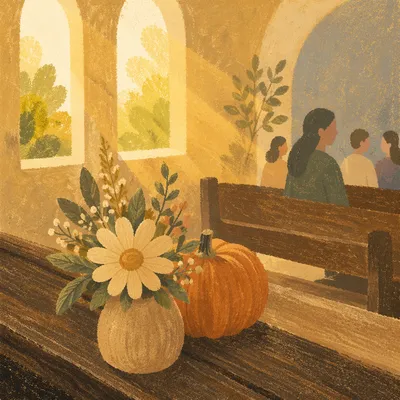Sunflower and Ivory Pumpkin on Wooden Bench