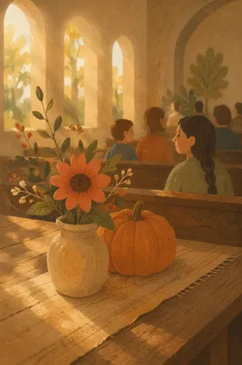 Sunflower and Ivory Pumpkin on Wooden Bench