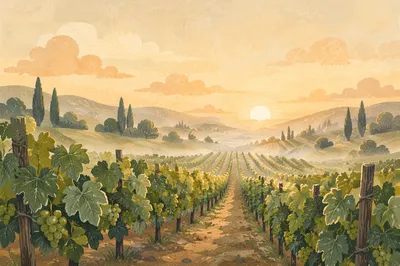 Abundant Green Vineyard Rows at Sunrise