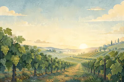 Green Vineyard Rows at Misty Dawn