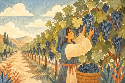 Ripe Purple Grapes in Sunlit Vineyard