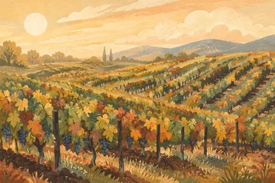 Sunlit Vineyard Rows on Rolling Hills