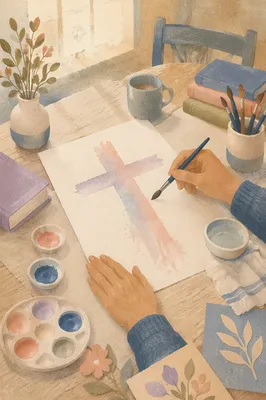 Soft Watercolor Cross on Church Art Table