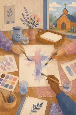 Soft Watercolor Cross Fellowship Art Table