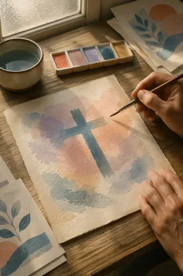 Soft Watercolor Cross on Church Table