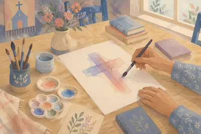 Soft Watercolor Cross on Church Art Table