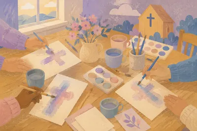 Soft Watercolor Cross Fellowship Art Table