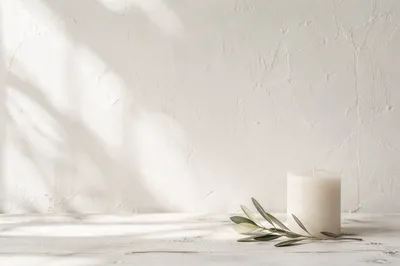 Minimal White Candle and Olive Branch Background