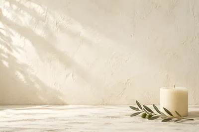 Minimal White Candle and Olive Branch Background
