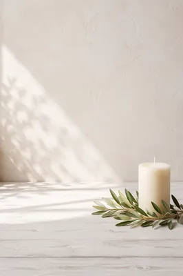 Minimal White Candle and Olive Branch Background
