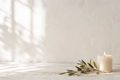 Minimal White Candle and Olive Branch Background