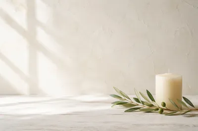 Minimal Ivory Candle and Olive Branch Background